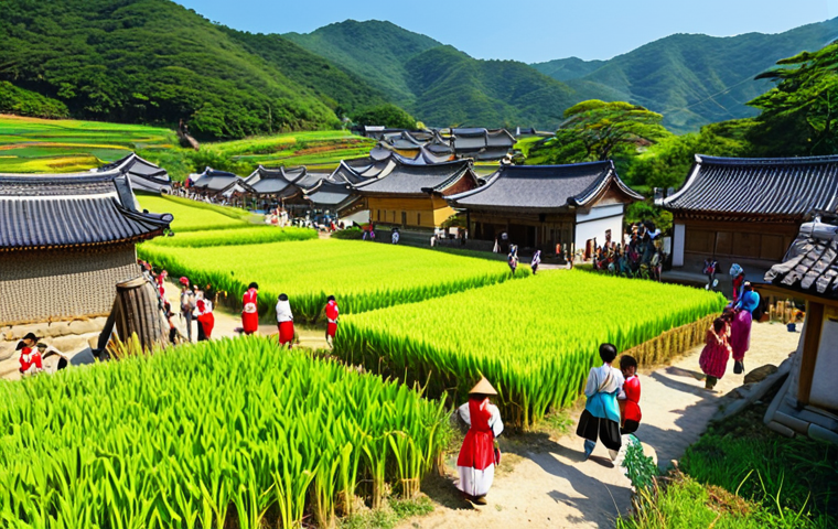 **Image Prompt:** A scenic view of a revitalized rural village with tourists participating in a harvest festival, surrounded by lush green fields and traditional Korean houses, under a clear blue sky. Focus on the joyful interaction between tourists and local residents.