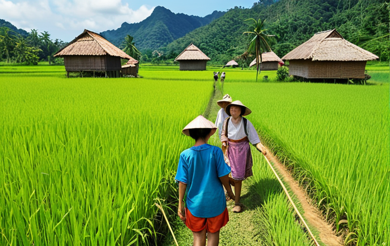 **

"A vibrant rural tourism scene: a smiling rural tourism instructor guides a group of diverse tourists through a lush green rice field, with traditional farmhouses in the background and a bright blue sky overhead. They are harvesting rice together, showcasing the beauty and cultural richness of the countryside. Emphasize sustainable tourism and community engagement."

**