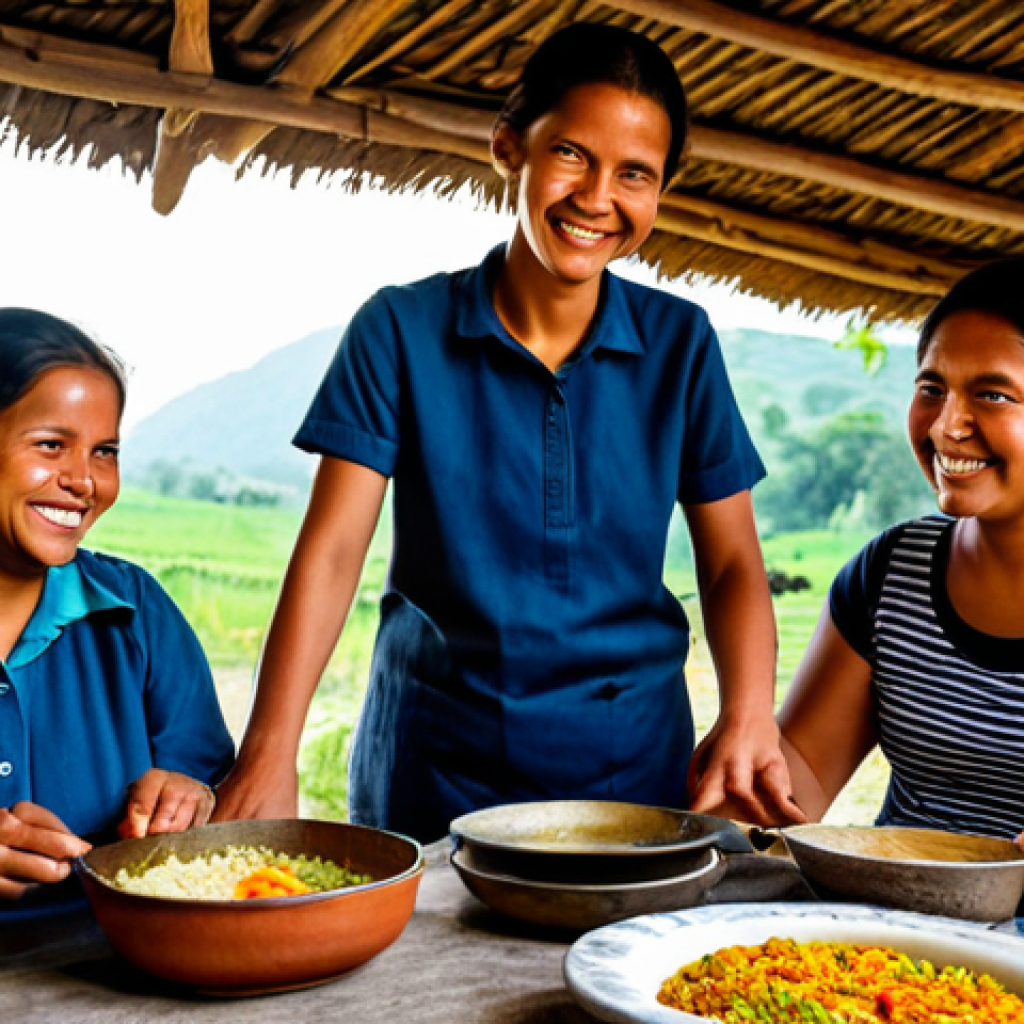 **A warm and welcoming female rural tourism guide, fully clothed in modest, practical outdoor attire, is leading a small group of diverse, family-friendly tourists. They are participating in a traditional cooking experience in a rustic, well-lit village community center kitchen. The guide is smiling and patiently demonstrating how to prepare a local dish using fresh, seasonal ingredients. Tourists, including children, are actively engaged, observing, and participating with happy expressions. The scene emphasizes community interaction, cultural heritage, and authentic rural life. perfect anatomy, correct proportions, natural pose, well-formed hands, proper finger count, natural body proportions, professional photography, natural lighting, high quality, safe for work, appropriate content, family-friendly, professional, modest clothing.**