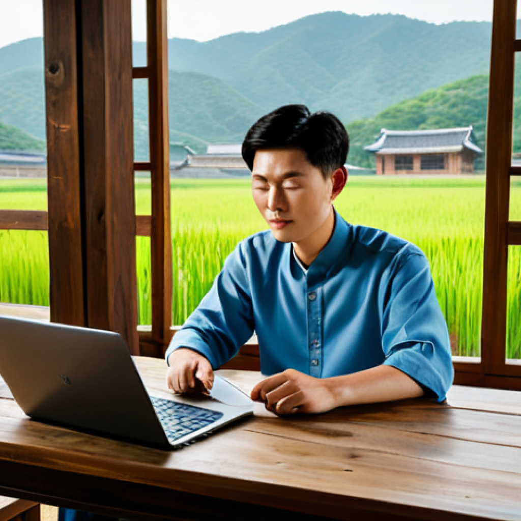 A young professional, fully clothed in a modest, smart-casual outfit including a button-up shirt and comfortable trousers, sitting at a rustic wooden desk inside a beautifully renovated traditional Korean hanok. A laptop is open on the desk, bathed in soft natural light streaming through a large window that overlooks tranquil rice paddies and gently rolling hills. The atmosphere is calm and serene, blending work with the peace of nature. This scene embodies a modern rural workation lifestyle. safe for work, appropriate content, fully clothed, professional, perfect anatomy, correct proportions, natural pose, well-formed hands, proper finger count, natural body proportions, high quality, professional photography.