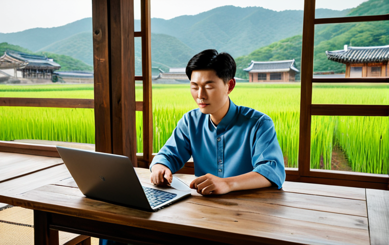 A young professional, fully clothed in a modest, smart-casual outfit including a button-up shirt and comfortable trousers, sitting at a rustic wooden desk inside a beautifully renovated traditional Korean hanok. A laptop is open on the desk, bathed in soft natural light streaming through a large window that overlooks tranquil rice paddies and gently rolling hills. The atmosphere is calm and serene, blending work with the peace of nature. This scene embodies a modern rural workation lifestyle. safe for work, appropriate content, fully clothed, professional, perfect anatomy, correct proportions, natural pose, well-formed hands, proper finger count, natural body proportions, high quality, professional photography.