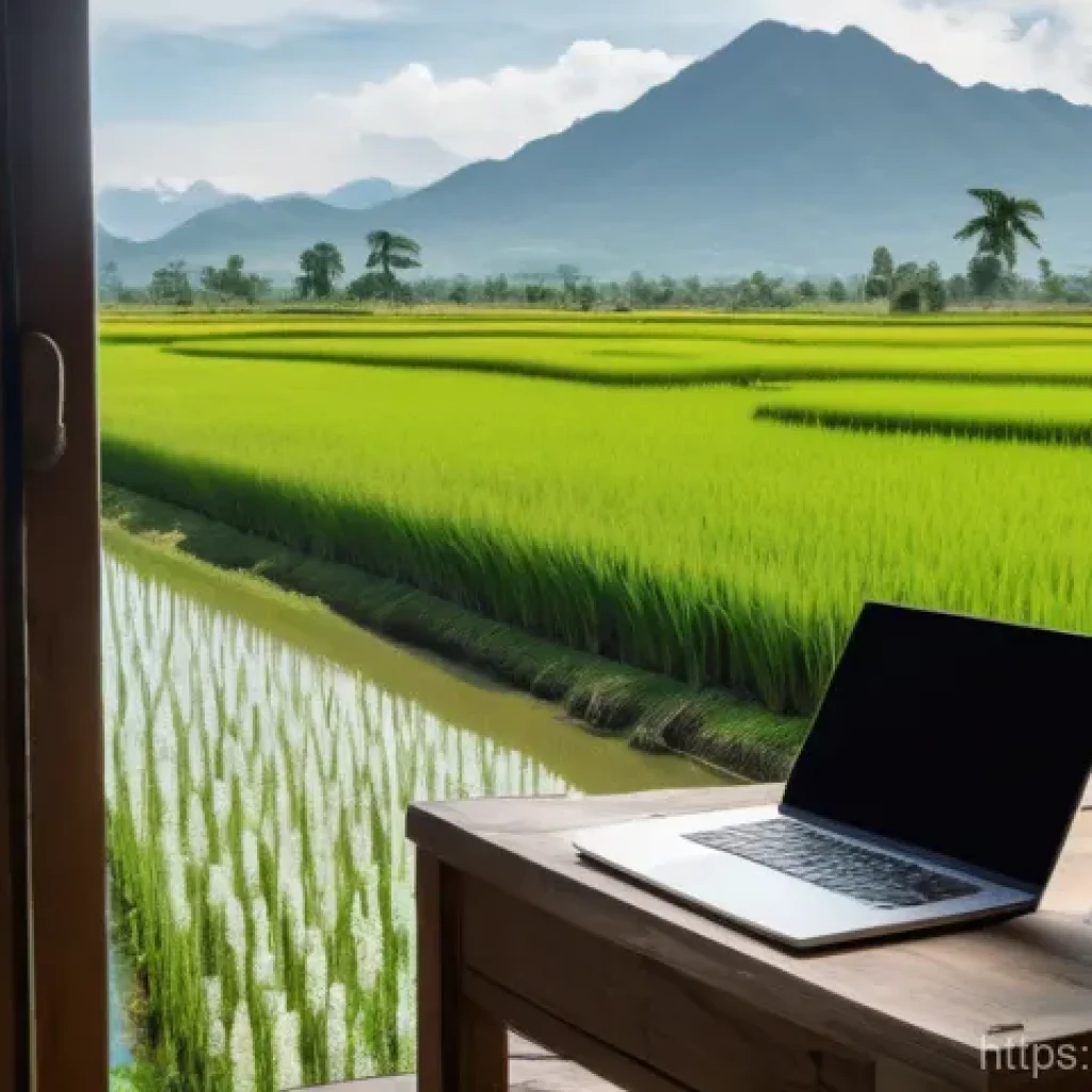 농촌관광지도사로서의 도전 과제 - A serene and picturesque rural scene showcasing a "Workation" experience. In the foreground, a young...