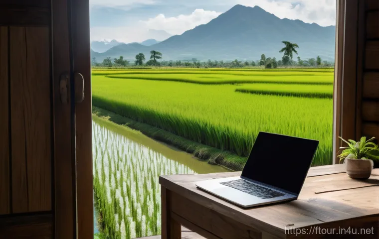농촌관광지도사로서의 도전 과제 - A serene and picturesque rural scene showcasing a "Workation" experience. In the foreground, a young...