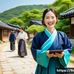 Home 22 농촌관광지도사와 농업 인프라 - A joyful Korean rural tourism guide, a woman in her 40s with a warm smile, wearing a traditional han...