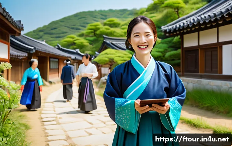 농촌관광지도사와 농업 인프라 - A joyful Korean rural tourism guide, a woman in her 40s with a warm smile, wearing a traditional han...