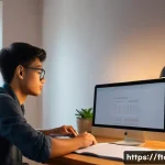 Home 19 농촌관광지도사 자격증 공부 계획 - A focused study scene showing a young adult sitting at a wooden desk in a cozy home study room durin...