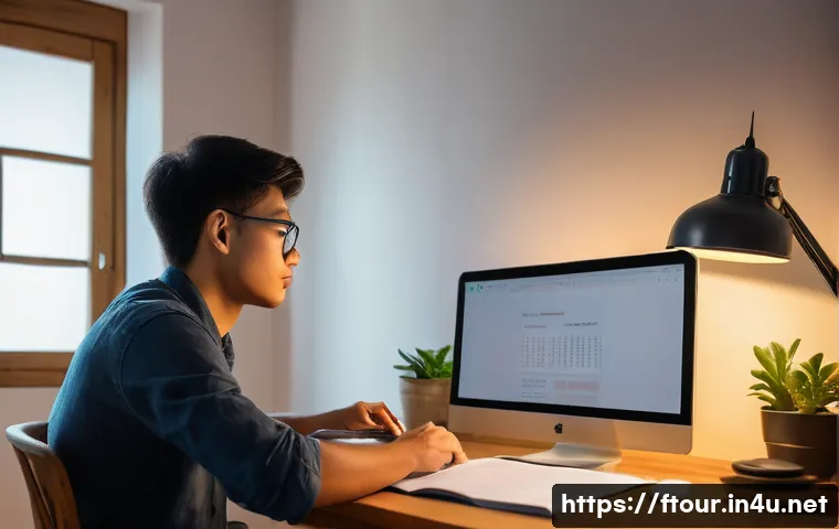 농촌관광지도사 자격증 공부 계획 - A focused study scene showing a young adult sitting at a wooden desk in a cozy home study room durin...
