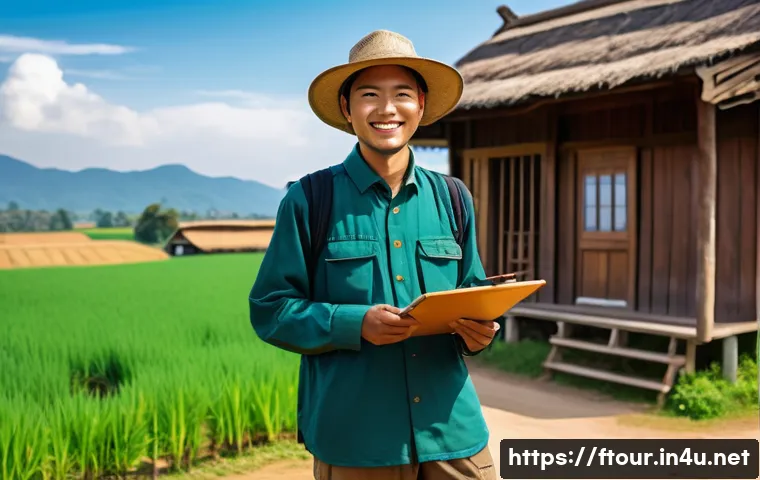 농촌관광지도사 현장 실습 팁 - A young rural tourism guide wearing comfortable outdoor clothing including a wide-brimmed hat, breat...