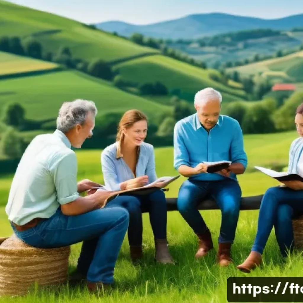 농촌관광지도사 직무 교육 사례 - A group of rural tourism guides participating in a hands-on field workshop in a picturesque countrys...