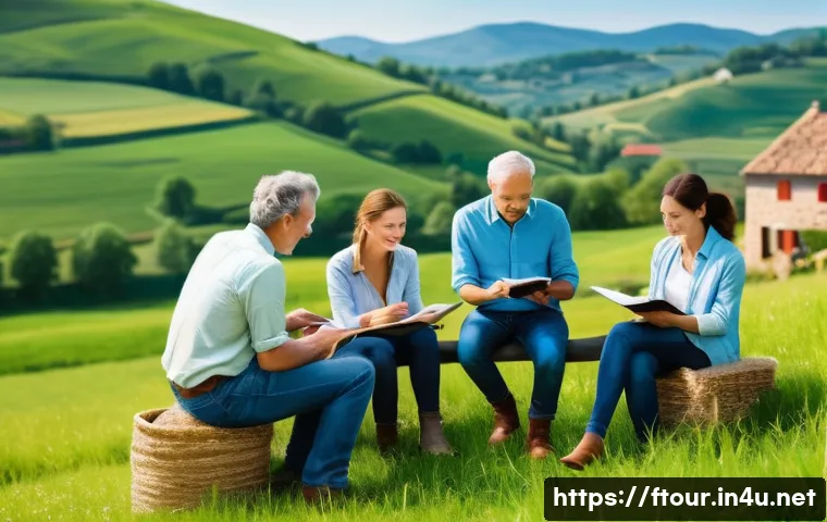 농촌관광지도사 직무 교육 사례 - A group of rural tourism guides participating in a hands-on field workshop in a picturesque countrys...